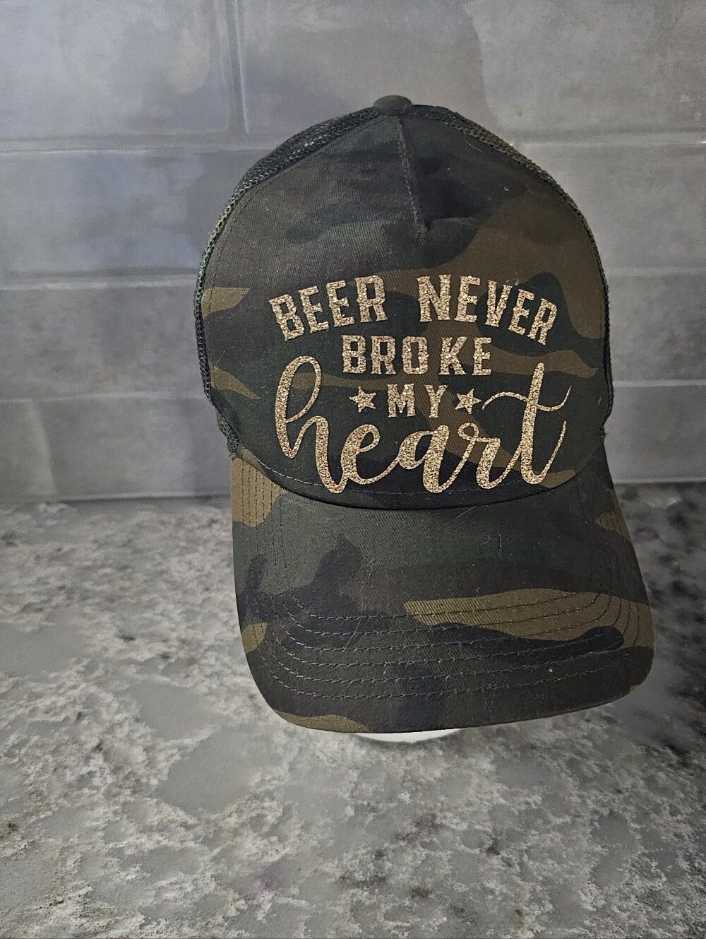 Beer Never Broke My Heart Trucker Hat Camo Luke Combs Green Camo Concert Cap